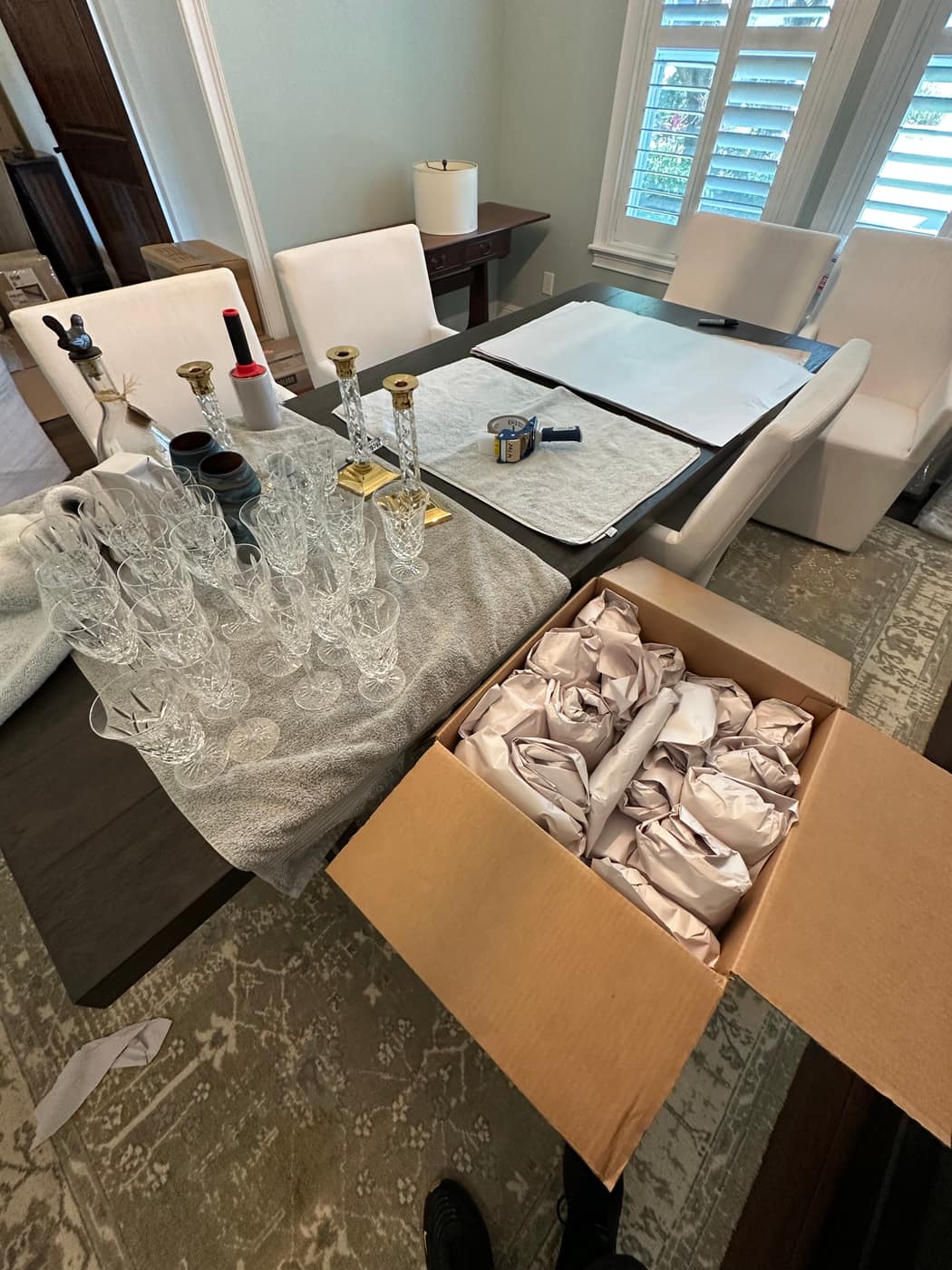 Glassware carefully wrapped and boxed